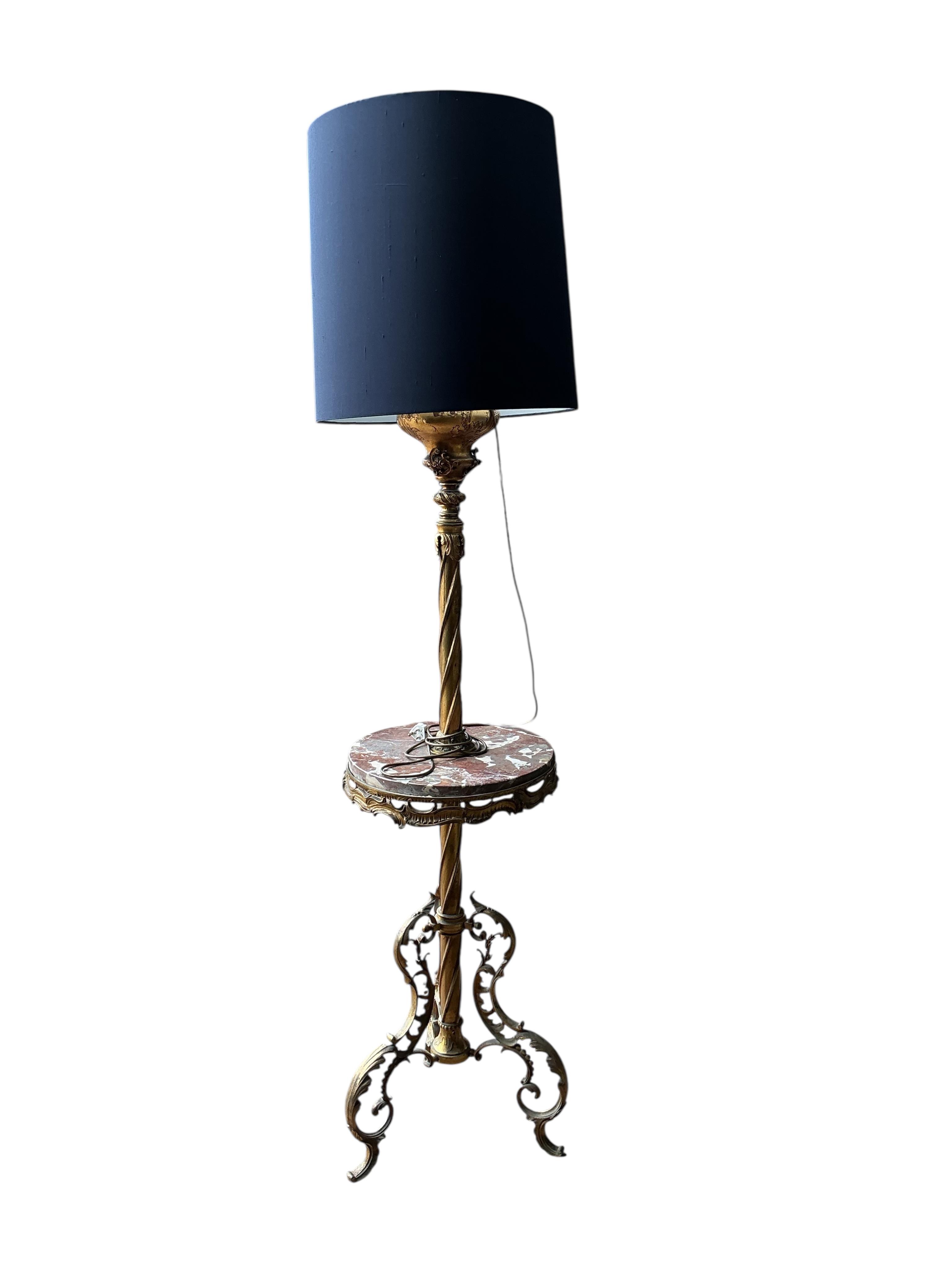A Victorian gilt metal and rouge marble oil telescopic standard lamp, converted to electricity